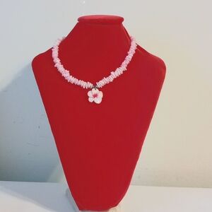 Pink shell chip necklace with rose 16"